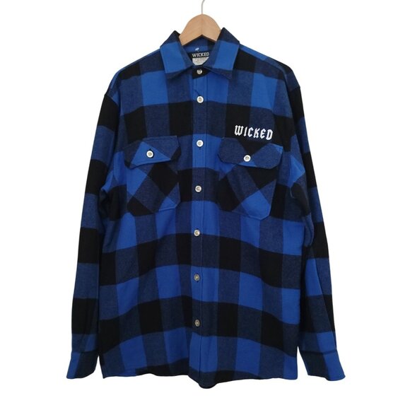 WICKED Clothing PUBLIC ENEMY Blue & Black Plaid Long Sleeve Shirt Men's Size M - Picture 2 of 7